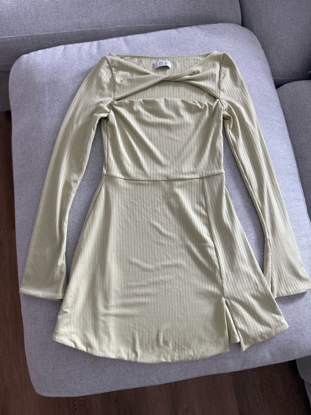 Oh Polly Ribbed Long-Sleeve Mini Dress in Light Sage
